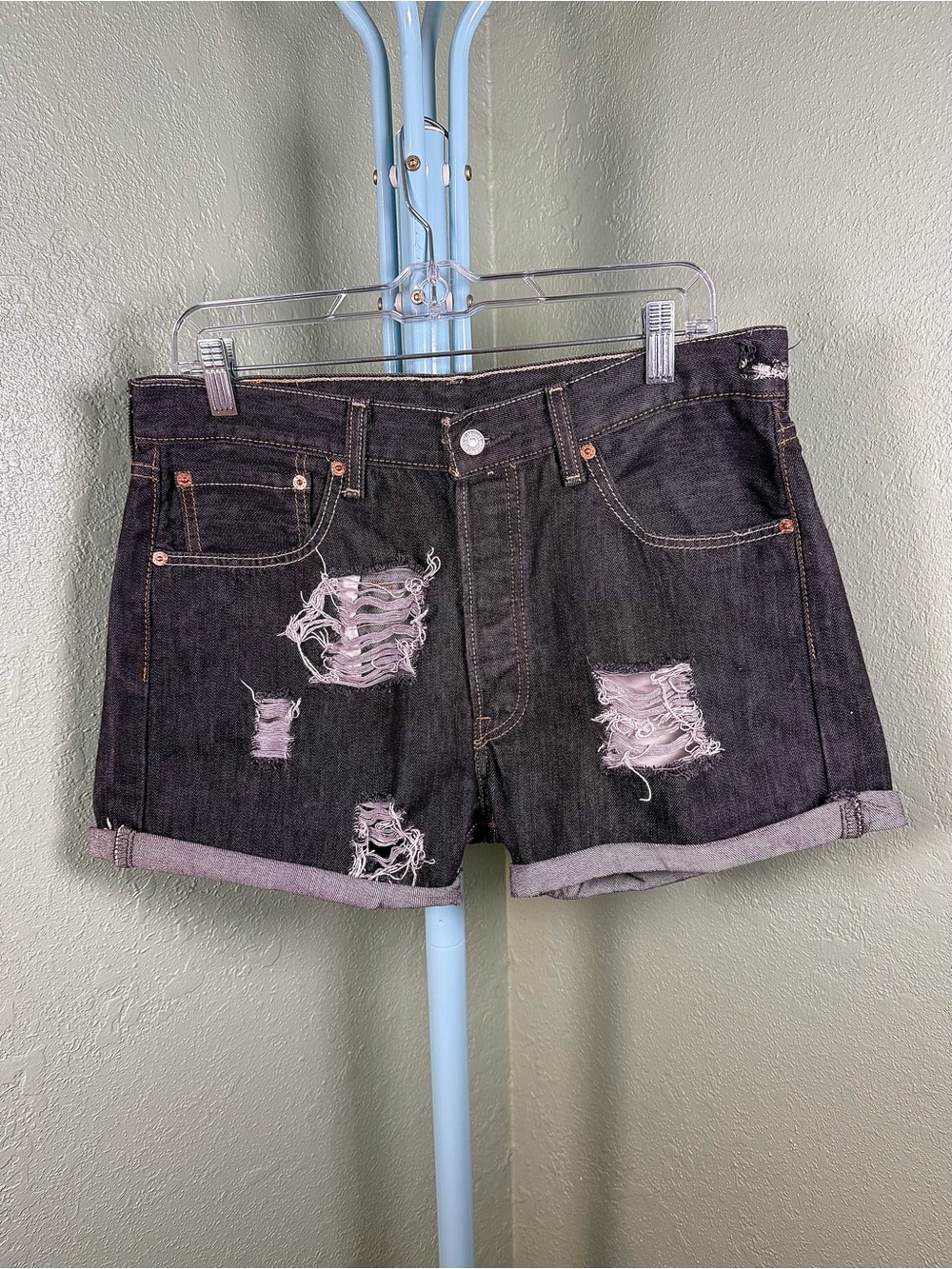 Levi's Black Distressed Rolled-Hem Denim Shorts